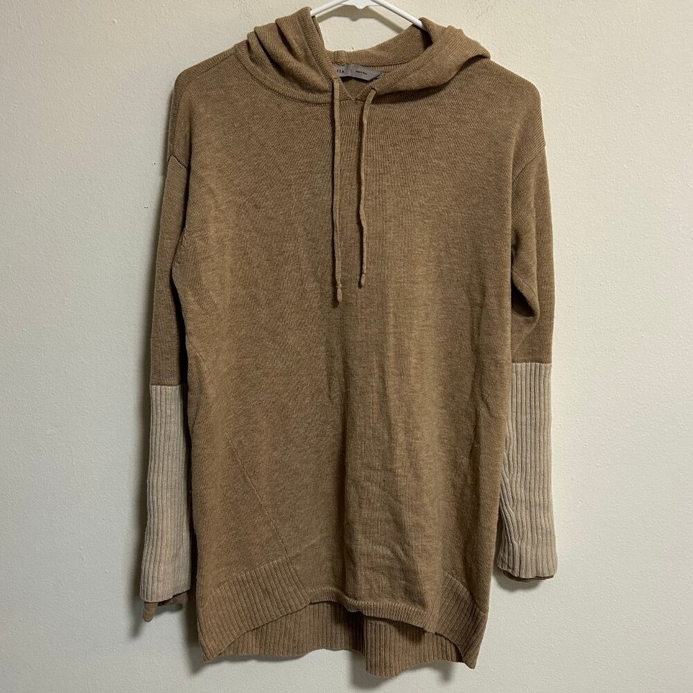 Athleta Nopa Hooded Merino Wool Caramel/Cream Color Sweater Sz Small EUC